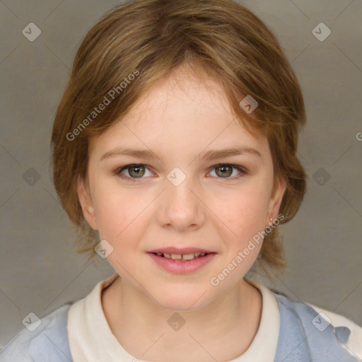 Joyful white child female with medium  brown hair and blue eyes