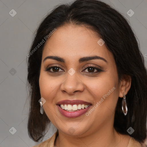 Joyful latino young-adult female with long  brown hair and brown eyes