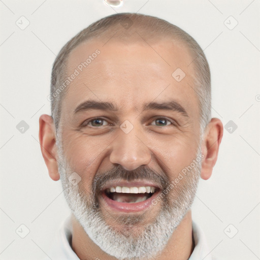 Joyful white adult male with short  black hair and brown eyes