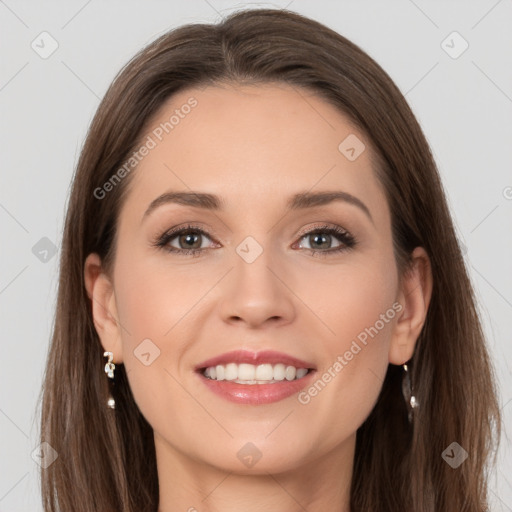 Joyful white young-adult female with long  brown hair and grey eyes