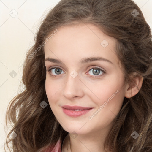 Joyful white young-adult female with long  brown hair and green eyes