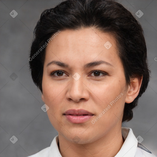 Joyful white adult female with short  brown hair and brown eyes