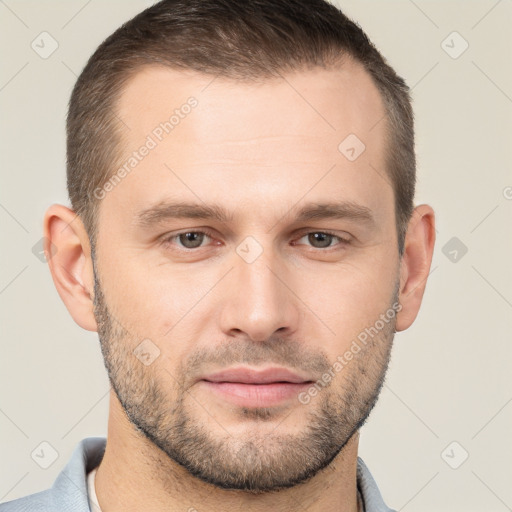 Neutral white young-adult male with short  brown hair and brown eyes