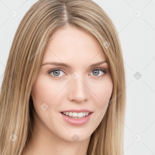 Joyful white young-adult female with long  brown hair and green eyes