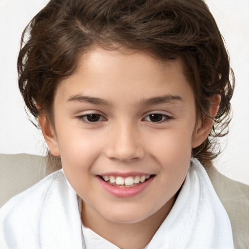 Joyful white child female with medium  brown hair and brown eyes