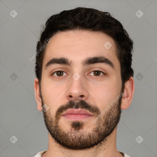 Neutral white young-adult male with short  brown hair and brown eyes