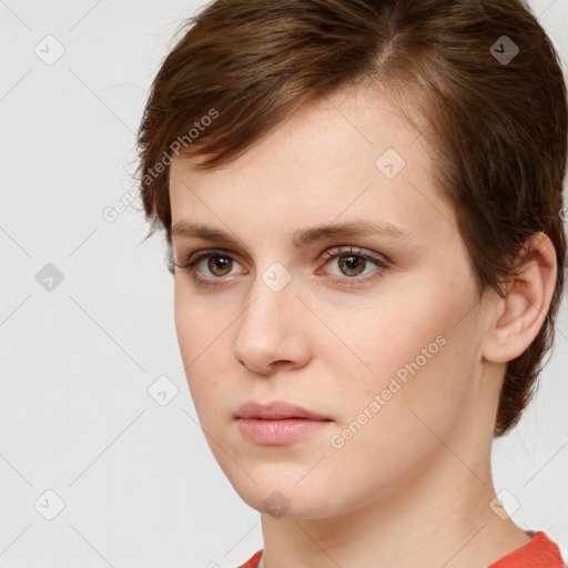 Neutral white young-adult female with short  brown hair and brown eyes