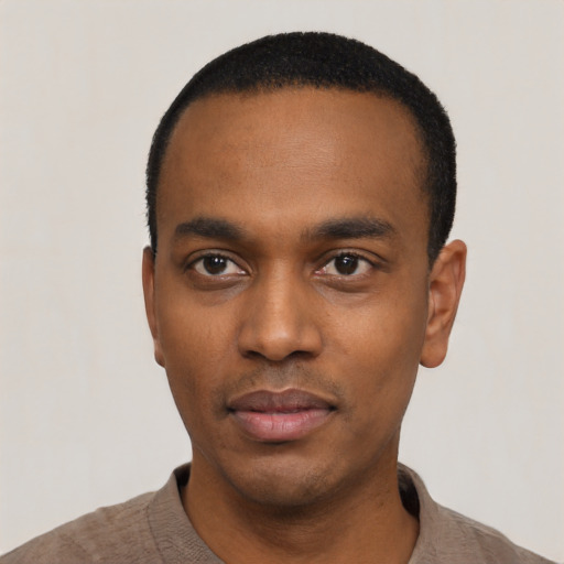 Neutral black young-adult male with short  black hair and brown eyes
