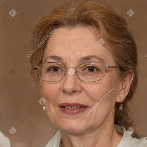 Joyful white middle-aged female with medium  brown hair and brown eyes