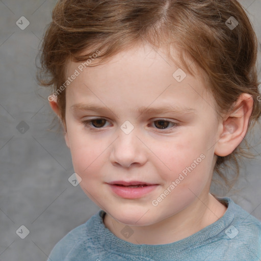 Joyful white child female with short  brown hair and grey eyes