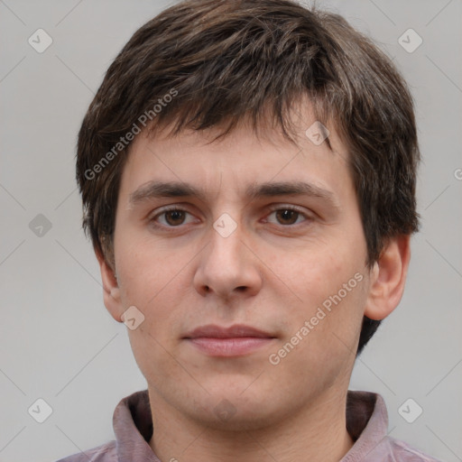 Neutral white young-adult male with short  brown hair and brown eyes