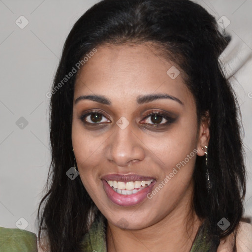 Joyful latino young-adult female with medium  brown hair and brown eyes