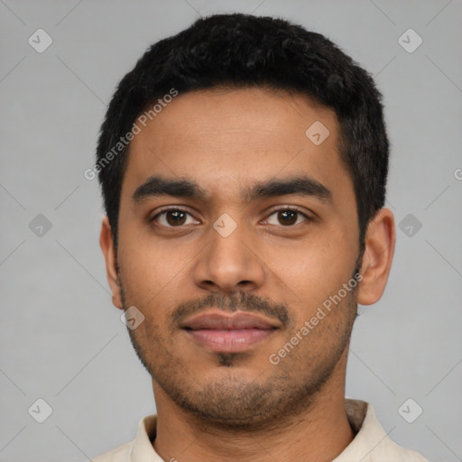 Neutral latino young-adult male with short  black hair and brown eyes