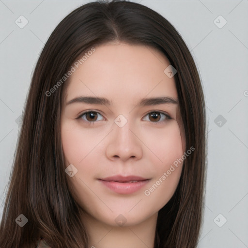 Neutral white young-adult female with long  brown hair and brown eyes