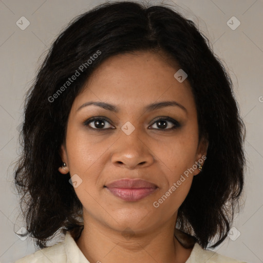 Joyful black young-adult female with medium  brown hair and brown eyes