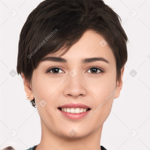 Joyful white young-adult female with short  brown hair and brown eyes