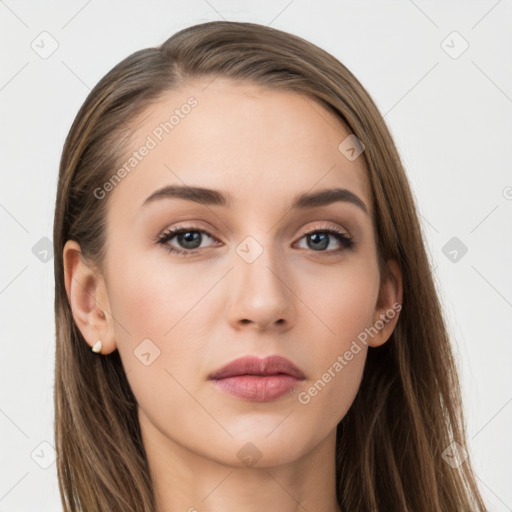 Neutral white young-adult female with long  brown hair and grey eyes