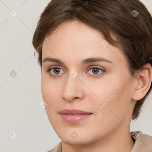 Neutral white young-adult female with short  brown hair and brown eyes