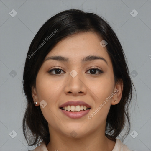 Joyful asian young-adult female with medium  black hair and brown eyes