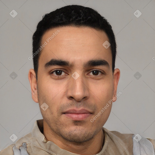 Neutral white young-adult male with short  black hair and brown eyes