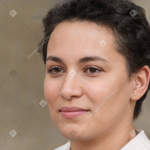 Joyful white young-adult female with short  brown hair and brown eyes