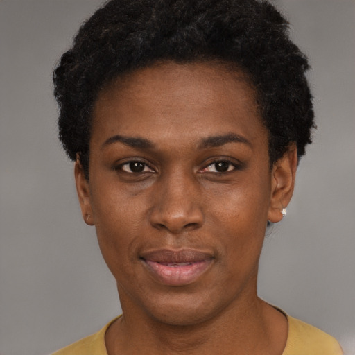 Neutral black young-adult female with short  black hair and brown eyes