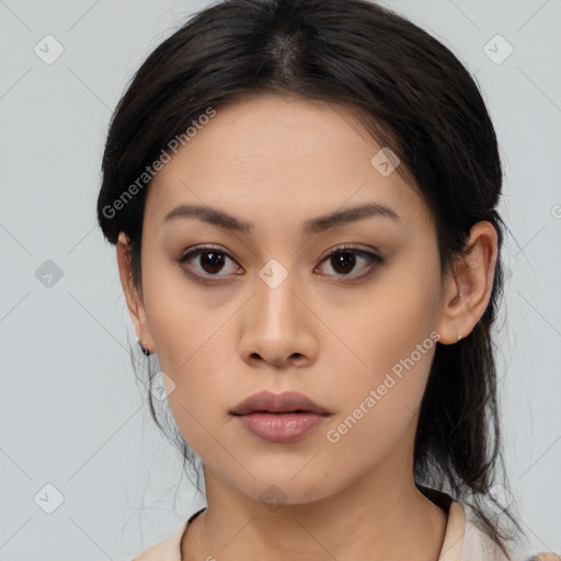 Neutral asian young-adult female with medium  black hair and brown eyes