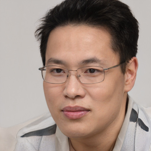 Joyful asian adult male with short  brown hair and brown eyes