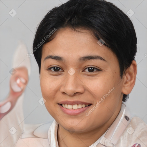 Joyful asian young-adult female with medium  brown hair and brown eyes