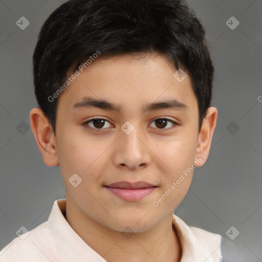 Joyful white child male with short  brown hair and brown eyes