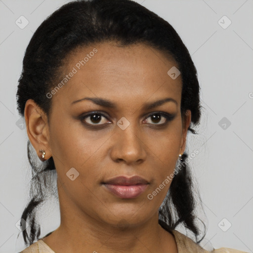 Neutral latino young-adult female with short  brown hair and brown eyes