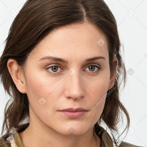 Neutral white young-adult female with medium  brown hair and brown eyes