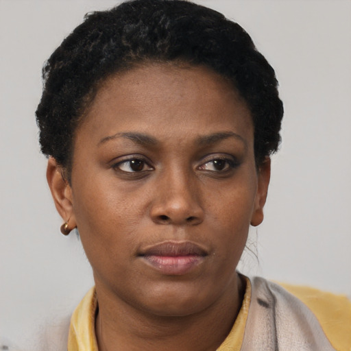Neutral black young-adult female with short  black hair and brown eyes