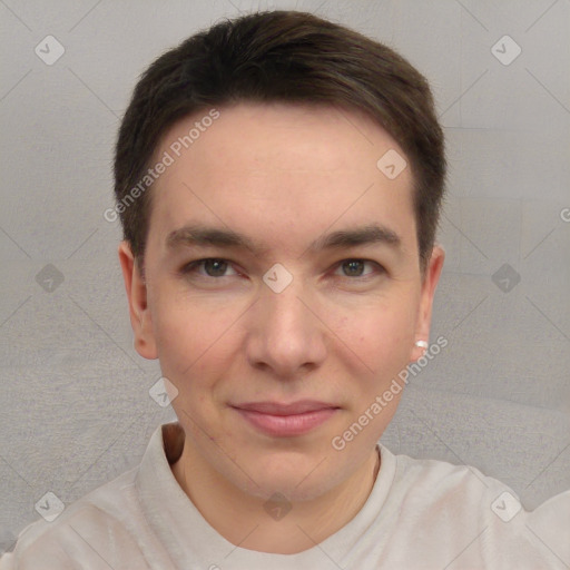 Joyful white young-adult male with short  brown hair and brown eyes