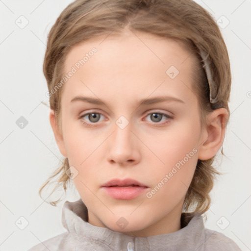 Neutral white young-adult female with medium  brown hair and grey eyes