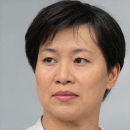 Joyful asian adult female with short  brown hair and brown eyes