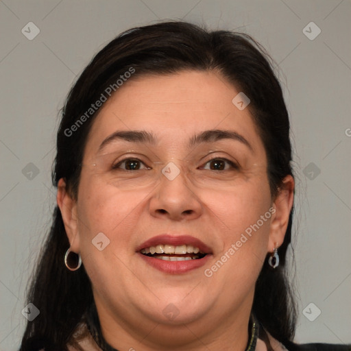 Joyful white adult female with medium  brown hair and grey eyes