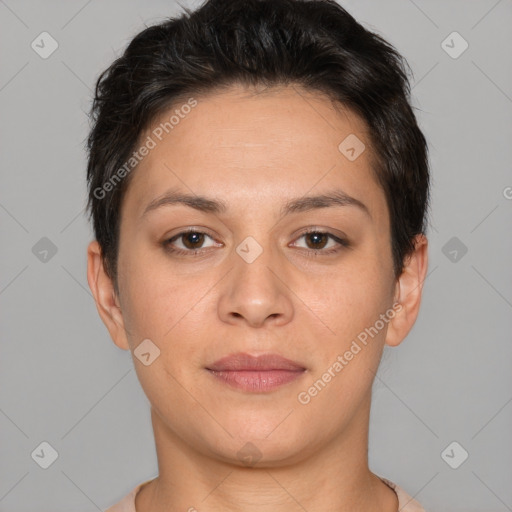 Joyful white young-adult female with short  brown hair and brown eyes