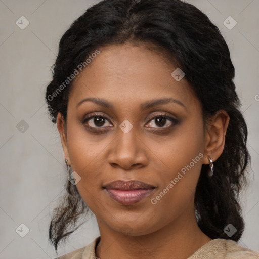 Joyful black young-adult female with medium  brown hair and brown eyes