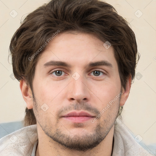 Neutral white young-adult male with short  brown hair and brown eyes