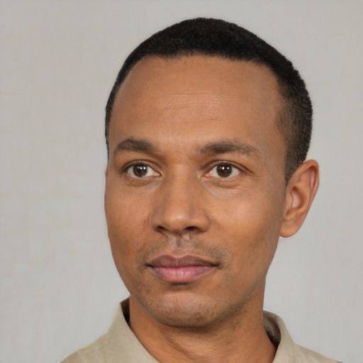Neutral latino adult male with short  black hair and brown eyes