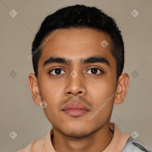 Neutral latino young-adult male with short  black hair and brown eyes