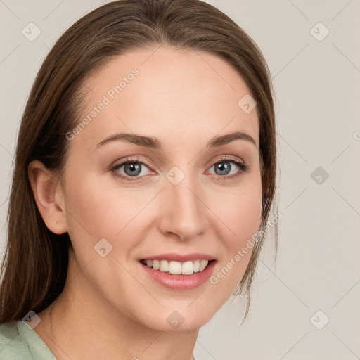 Joyful white young-adult female with medium  brown hair and blue eyes