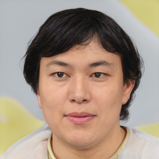 Neutral asian young-adult female with short  brown hair and brown eyes