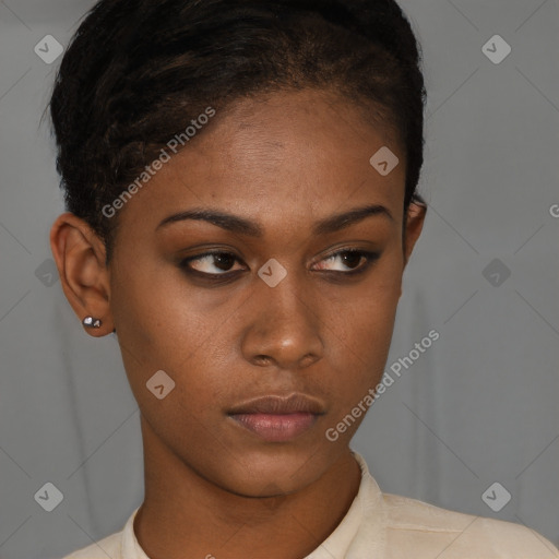 Neutral black young-adult female with short  brown hair and brown eyes