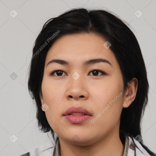 Neutral asian young-adult female with medium  black hair and brown eyes