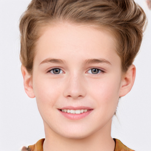 Joyful white child female with short  brown hair and grey eyes