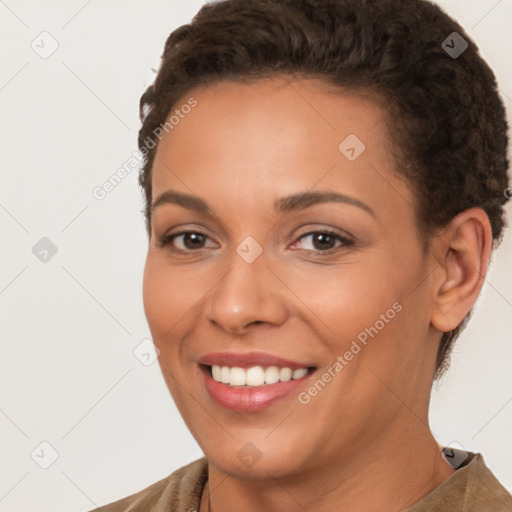 Joyful white young-adult female with short  brown hair and brown eyes