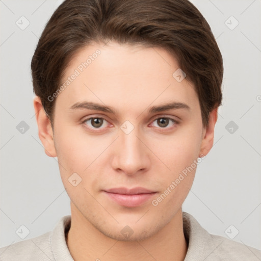 Neutral white young-adult male with short  brown hair and brown eyes