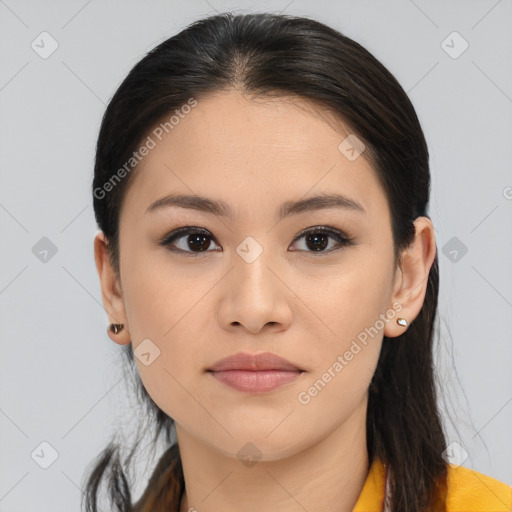 Joyful asian young-adult female with medium  brown hair and brown eyes